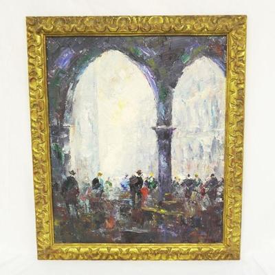 H. Benali (Italian, b. 1907) Oil on Canvas Post Impressionist of the Market at Piazza San Marco (St. Marks Square) Venice. In gilt wood...