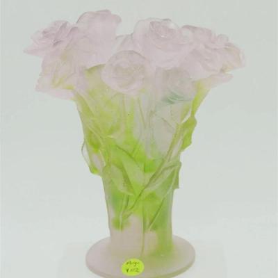Daum Pate de Verre Roses Vase, late 20th century Marks: Daum France 8.75" inches. Weight 5 pds.Terri Henning, The Peoples Building...