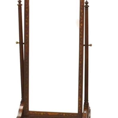 Large English Marquetry Inlaid Fruitwood Mahogany Cheval Dressing Mirror, late 19th c. Measures 32"x18"x72"