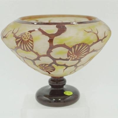 1920s Art Deco Charles Schneider La Verre Francais Cameo Art Glass Compote. Signed. 9.5"x9.5"x7.75". Weight 4 pds....