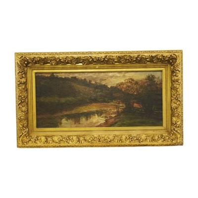 Large George Edward Cook (English 1844-1905) Oil on Canvas Landscape. Craquelure. In magnificent period giltwood and gesso frame, some...