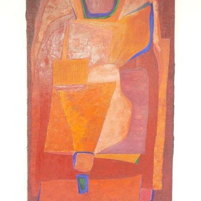Mid Century 1966 Oil on Canvas by Angel Ponce de Leon (b1925, Spain), Abstract. 50"x30.5"x1". Weight 8 lbs. 