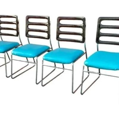 Vintage MCM Style Dining Chairs Featuring Smoked Gray Lucite Backrests, Chrome Frames and Tufted Turquoise Vinyl Seats.
