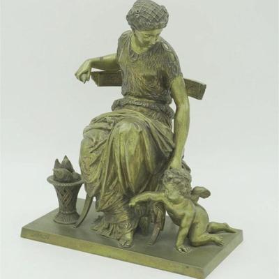 Antique French c. 1850 Bronze by Jean Jules Salmson. Signed Salmson to front of base.. Woman seated on a chair with a spinning thread and...