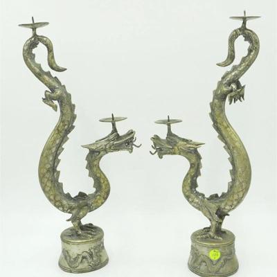 Pair of Vintage Flying Prosperity Dragons double Candlesticks. Each 7"x3.5"x17.5". 
