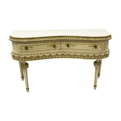 Antique French Louis XVI Painted Dressing Table / Writing Desk. Pale Robins Egg Blue with hand painted floral accents. 2 drawers, rising...