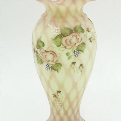 Fenton Art Glass Hand Painted Burmese Vase. Hand Painted and signed by the Fenton Artist and Bill Fenton. 