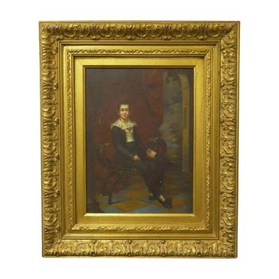 Antique Oil on Canvas, Portrait of a young boy on bench. Signed lower right Nix. In ornate gilt frame. Measures 21"x28"x3".