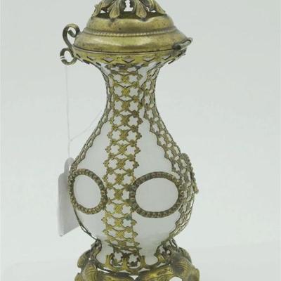 Antique Blown French Opalescent Glass & Gilded Metal Scent / Powder Bottle. With openwork top. Measures 5.5". Weight 7 oz....
