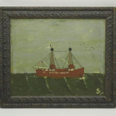 Antique American Maritime Folk Art Painting on Canvas of a Martins Industry Lightship. Signed with initials and dated lower right.