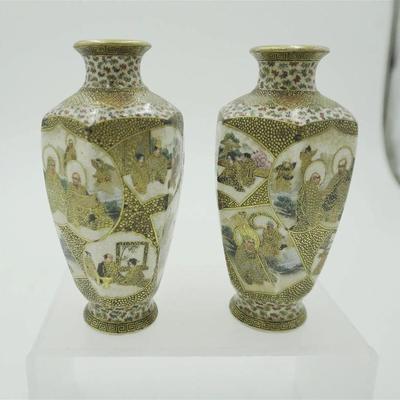 Meiji period signed porcelain miniatures Satsuma vases decorated in traditional colors with gold details. Each vase measures 5.5"...