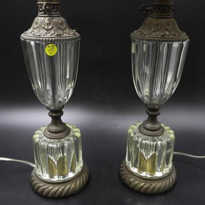 Matched Pair of Vintage Hollywood Regency Glass Table Lamps. Just lamp 5"x5"x18". Shades 13"x13"x11". From...