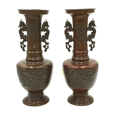 Matched Pair of Tall Japanese Bronze Vases with Dragon, Birds and Landscapes. 