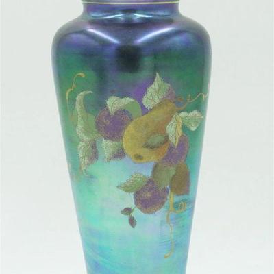 Rare Fenton Favrene Vase made for the 1991 Connoisseur Collection. It is painted with 22k gold and features a pear and other fruit...