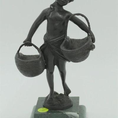 Suzanne Bizard (French, 1873-1963) Bronze Sculpture Girl with Baskets, signed on green marble base. Measures 6"x4"x10.25"....