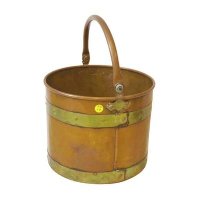 Antique c. 1890 Copper Bucket with Riveted Brass Banding. 