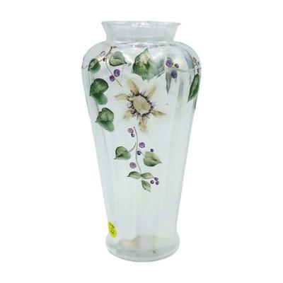 Vintage Tall Fenton Hand Painted Opalescent Vase. Signed by Fenton artist Jeanne Cutshaw