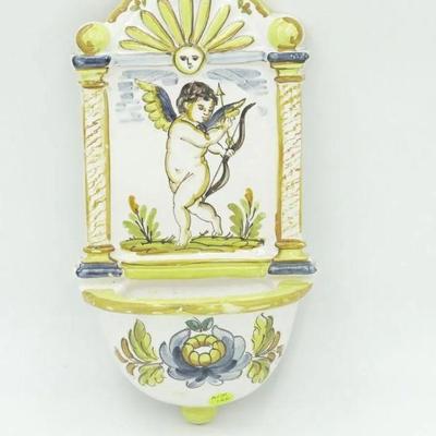 Vintage Hand Painted Ceramic Holy Water Font Benditera. Cherub. 13"x7"x3". 