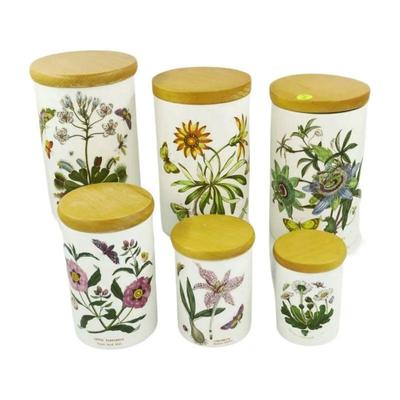 6 Portmeirion Botanic Garden Canister / Storage Jars with Wood Lids. 