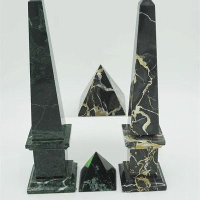 Vintage solid marble decorative obelisks with matching pyramids in Black/Beige and Green Marble. Obelisks measure 12" in height and...