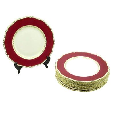 12 Vintage 1940 English Bone China Royal Worcester Dinner Plates. Pattern RW81, Red, White Band, Gold Scroll Design. Date mark for 1940....