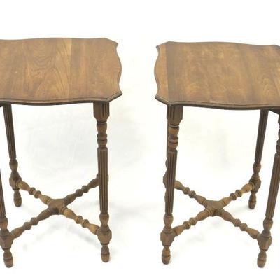Pair of matching solid walnut antique side tables. Turned legs and stretcher. 17.5"x17.5"x26". Weight 18 pds. PROVENANCE:...