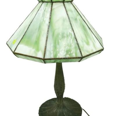 John Morgan Leaded Slag Glass Table Lamp. Repair to base. Measures 13"x13"x21". 