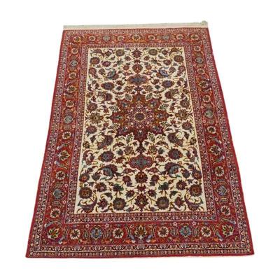 Fine Hand Knotted Bijar Persian Rug. Has a Beige field with a Red border, featuring a Floral design. Made with 100% Wool with Cotton...