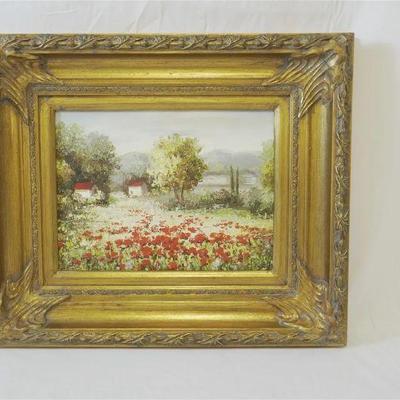 Oil on Canvas of the Poppy Fields in Val d'Orcia, Tuscany. In heavy gilt carved frame. Measures 25"x22"x2.25".