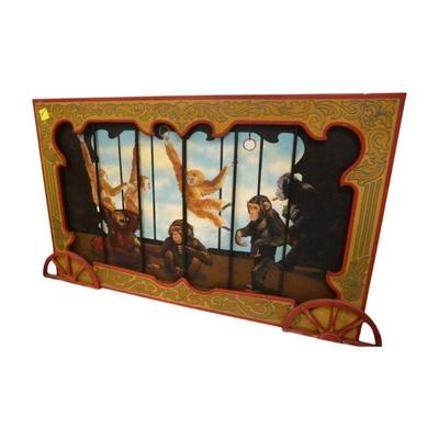 Vintage Monumental 3 Piece Wood Hand Painted Circus / Fairl Signs. Center features a hand painted dimensional Monkey Cage and the 2 Sides...