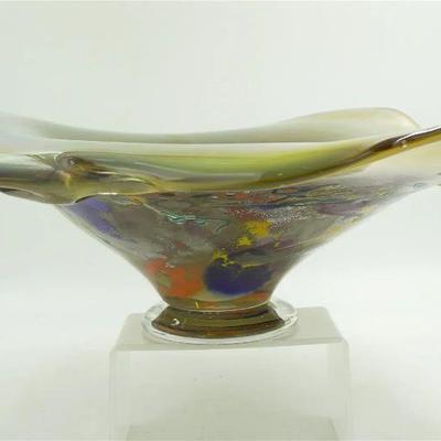 Large Roddy Capers Signed Hand Blown Art Glass Bowl. This bowl features an uneven sculpted lip in a iridescent deep gold. The underside...