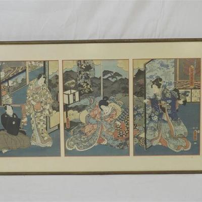 Antique Japanese Hanga Woodblock Print in 3 sections by Toyokuni III, c. 1849-1854. Depicts a scene from the tales of the Genji, where...