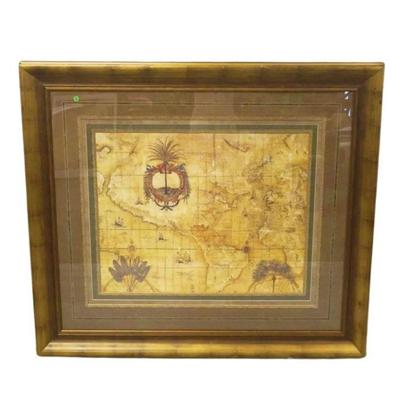 Large aged designer frame with lovely matting of old world map. Dimensions: 48â€ T x 55â€ W