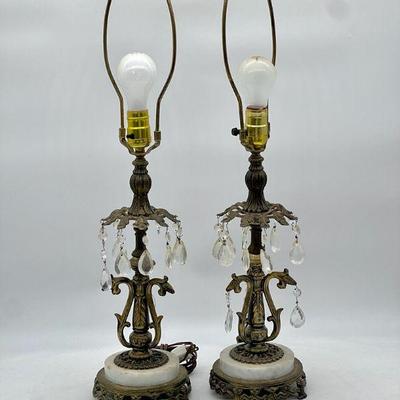 (2) 27â€ Ornate Bronze Table Lamps With Marble Base

