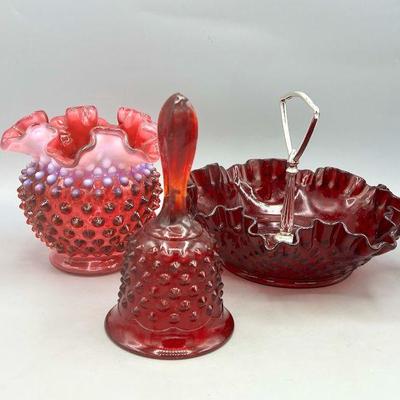 (3) Fenton Hobnail Cranberry Glass Pieces
