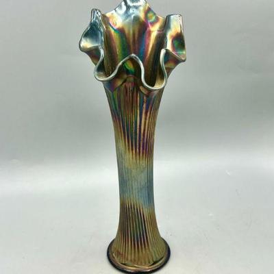 Blue Iridescent Ribbed Carnival Glass Vase
