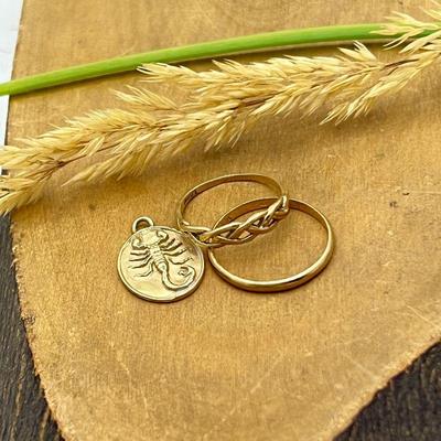  14K Gold Scorpio Astrology Pendant - Two Braided & Band in 10k Gold Stacking Rings