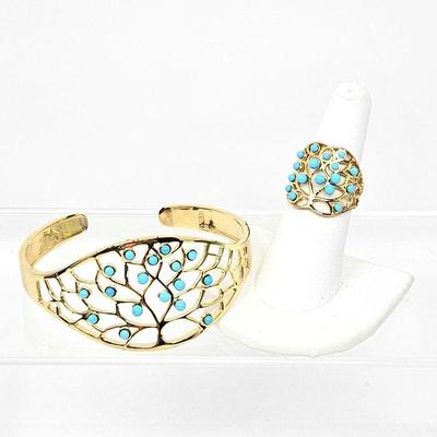  Set Sleeping Beauty Turquoise on 18K Plated Sterling Cuff Bracelet & Ring in Tree of Life Design