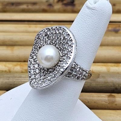 Sterling Silver Statement Ring Featuring A Large White Cultured Freshwater Pearl & White Zircon Gemstones- Sz.6