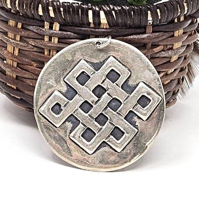 Solid Round Sterling Silver Medallion Pendant w/ Tibetan Eternal Knot - 1 1/2