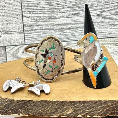  Native American Sterling Silver Zuni Inlay Cuff Bracelet, Large Ring, Mother of Pearl Bear Earrings