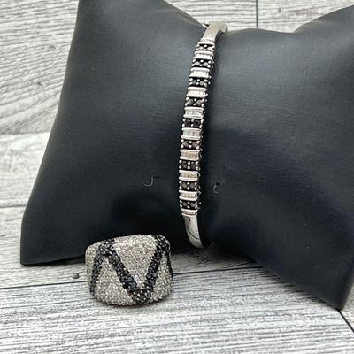 Sterling Silver Sz. 7 Cocktail Ring and Matching Bangle Bracelet w/ Black Diamonds