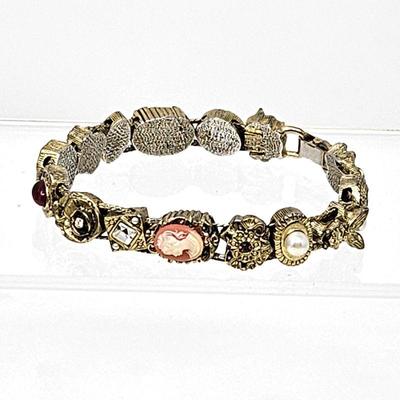 Cameo Slider Charm Bracelet in Gold Tones w/ Different Stones on Each Charm - 7
