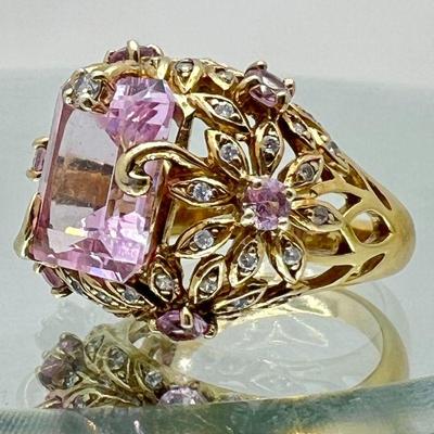 Pretty in Pink Quartz Ring Decorated in Floral Motif- Gold Over Sterling Silver sz.6