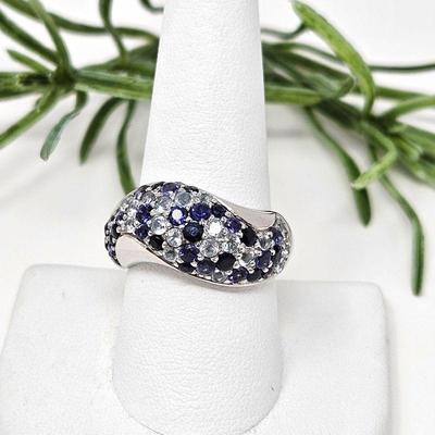 Beautiful Cocktail Ring in Sterling Silver .925 in Dome Style with a Blanket of Simulated Diamonds & Sapphires size 9.