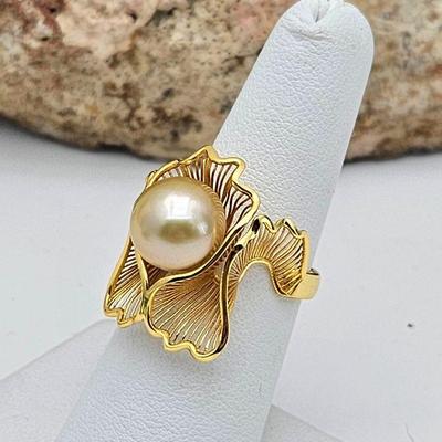  Unique Statement Ring 10mm Gold Cultured South Sea Pearl 18k Plated over Sterling Ring Sz 6 1/4 - 4.9g tw