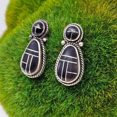 Pair of Native American Earrings with Black Onyx Inlays in Traditional Zuni Fashion in Sterling Silver 1