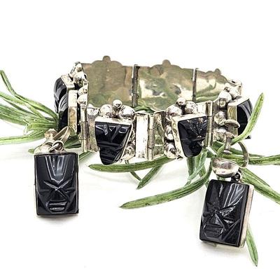 Vintage Sterling Silver Mexican Panel Bracelet w/ Carved Black Onyx Tribal Faces w/ Matching Earrings (Screw on)
