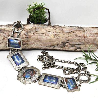 Fun Silver Metal Belt from Chico's - Blues and Reds on this Thick Solid Metal Adjustable Belt Fits up to 40" Waist