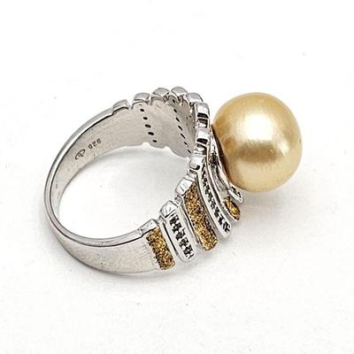 Golden Cultured South Sea Pearl Ring in Sterling Silver w/ White Zircon Accent Gemstones- Sz. 6